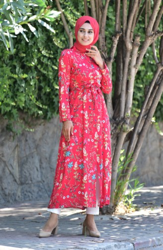 Flower Patterned Long Tunic 3944B-02 Red 3944B-02