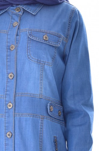 معطف جينز طويل بتفاصيل من الجيوب 9221-01 لون أزرق جينز 9221-01