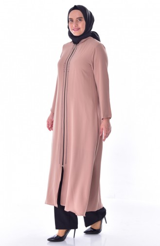 Abaya a Fermeture İmprimée de Pierre Grande Taille 1034-02 Creme 1034-02