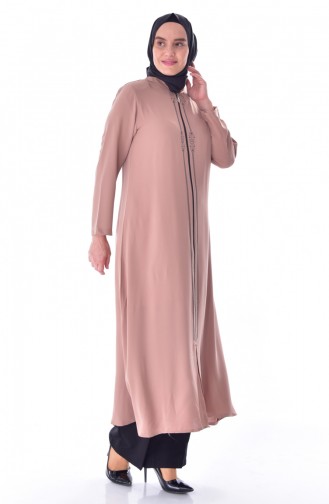 Abaya a Fermeture İmprimée de Pierre Grande Taille 1034-02 Creme 1034-02