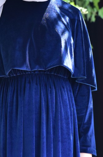 Pelerinli Kadife Elbise 4160-03 Lacivert