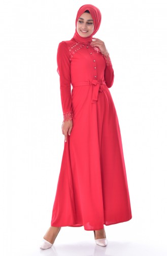 Dantelli Kuşaklı Elbise 1187-06 Kırmızı
