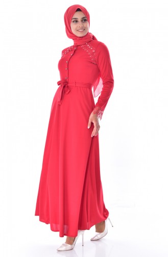Dantelli Kuşaklı Elbise 1187-06 Kırmızı