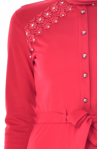 فستان بحزام خصر وتفاصيل من الدانتيل1187-06لون أحمر 1187-06