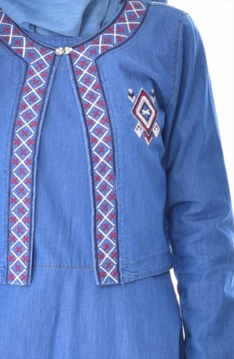 Nakışlı Kot Jile Ceket İkili Takım 9243-01 Kot Mavi