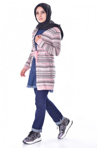 Triko Çizgili Hırka 7301-03 Pudra