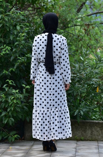 Şifon Puantiyeli Elbise 1436C-01 Beyaz Siyah 1436C-01