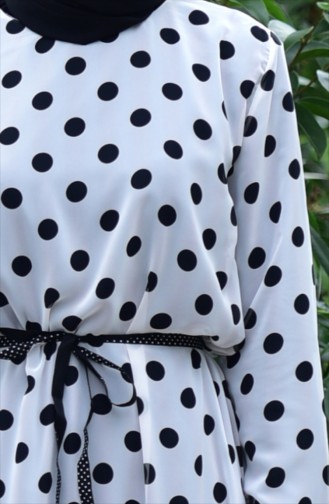Şifon Puantiyeli Elbise 1436C-01 Beyaz Siyah 1436C-01