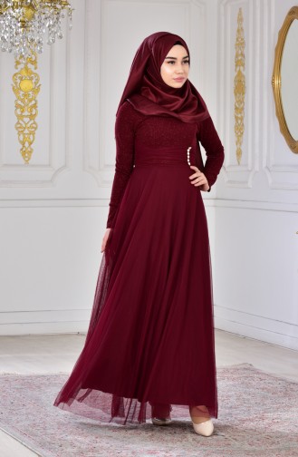 Simli Abiye Elbise 2587-02 Bordo