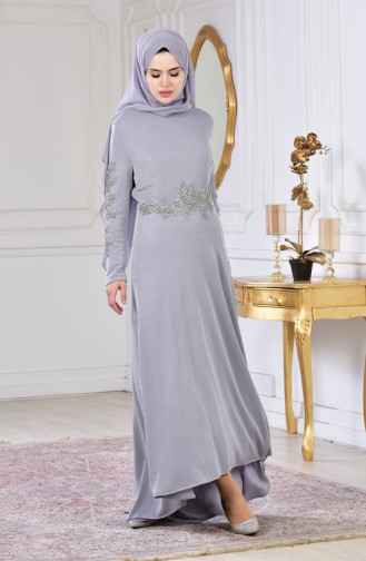 Gray Hijab Evening Dress 6100-01