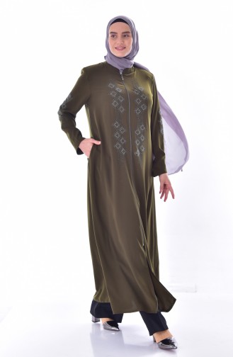 Abaya a Fermeture Imprimée de Pierre Grande Taille 3007-03 Khaki 3007-03