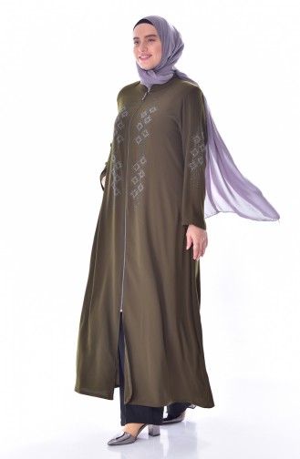 Abaya a Fermeture Imprimée de Pierre Grande Taille 3007-03 Khaki 3007-03