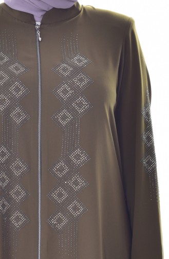 Large Size Stone Printed Zippered Abaya 3007-03 Khaki 3007-03