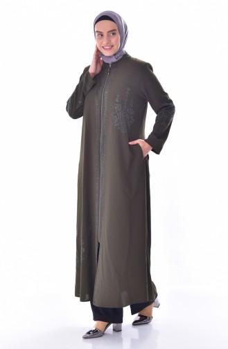 Abaya a Fermeture Imprimée de Pierre Grande Taille 3021-02 Khaki 3021-02