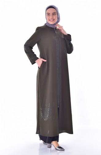 Large Size Stone Printed Zippered Abaya 3021-02 Khaki 3021-02