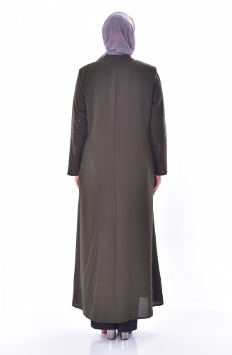 Large Size Stone Printed Zippered Abaya 3021-02 Khaki 3021-02