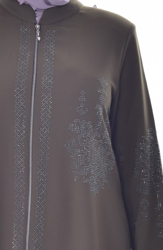 Abaya a Fermeture Imprimée de Pierre Grande Taille 3021-02 Khaki 3021-02