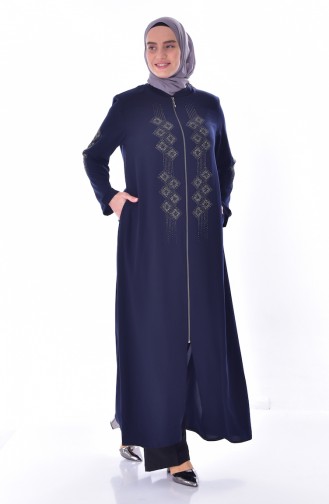 Abaya a Fermeture Imprimée de Pierre Grande Taille 3007-01 Bleu Marine 3007-01