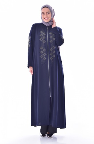 Abaya a Fermeture Imprimée de Pierre Grande Taille 3007-01 Bleu Marine 3007-01