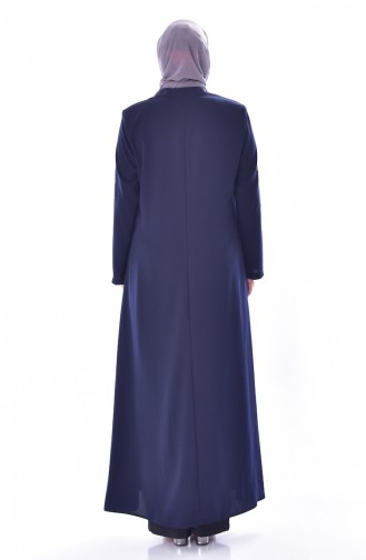 Abaya a Fermeture Imprimée de Pierre Grande Taille 3007-01 Bleu Marine 3007-01