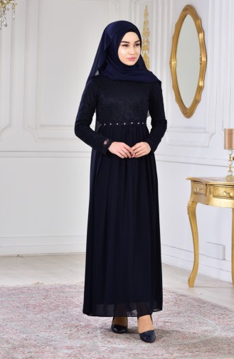 Navy Blue Hijab Evening Dress 60705-02