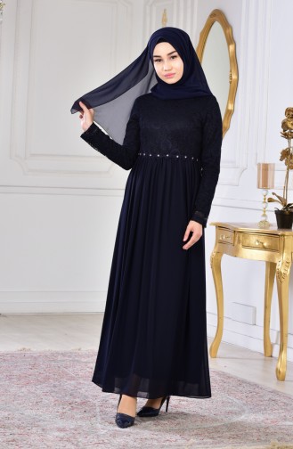 Navy Blue Hijab Evening Dress 60705-02
