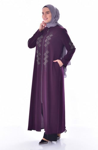 Abaya a Fermeture Imprimée de Pierre Grande Taille 3007-04 Pourpre 3007-04