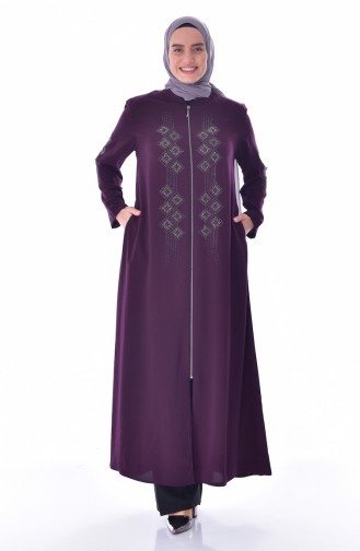 Abaya a Fermeture Imprimée de Pierre Grande Taille 3007-04 Pourpre 3007-04