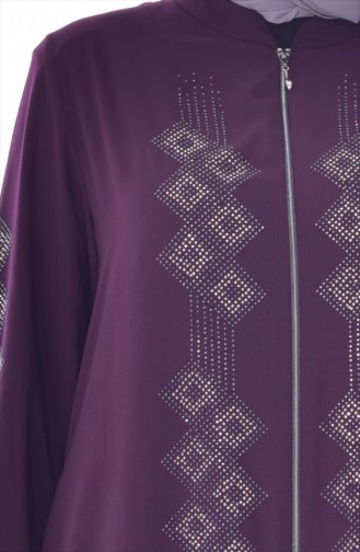 Abaya a Fermeture Imprimée de Pierre Grande Taille 3007-04 Pourpre 3007-04