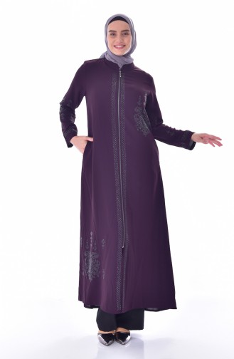 Large Size Stone Printed Zippered Abaya 3021-01 Purple 3021-01