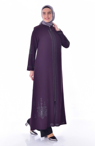 Large Size Stone Printed Zippered Abaya 3021-01 Purple 3021-01