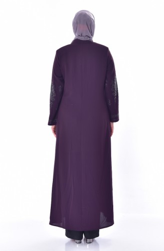 Large Size Stone Printed Zippered Abaya 3021-01 Purple 3021-01