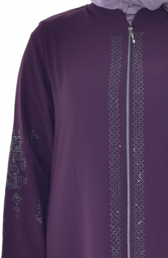 Large Size Stone Printed Zippered Abaya 3021-01 Purple 3021-01