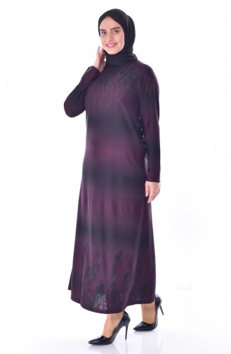 Large Size Stones Printed Dress 4888-04 Plum 4888-04