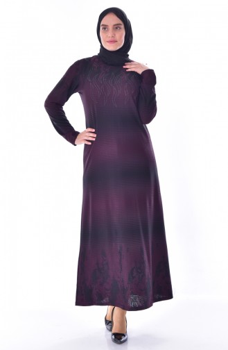 Large Size Stones Printed Dress 4888-04 Plum 4888-04