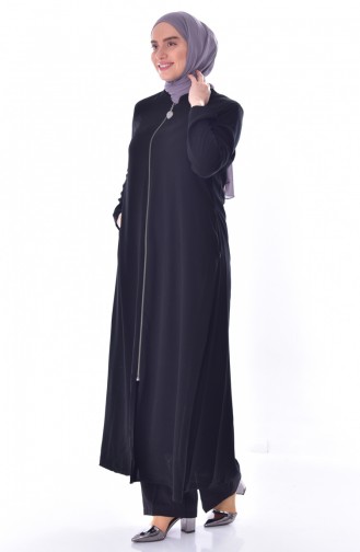 Abaya a Fermeture Col Officier Grande Taille 12054-03 Noir 12054-03