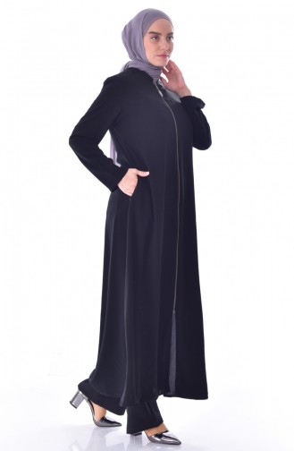 Abaya a Fermeture Col Officier Grande Taille 12054-03 Noir 12054-03