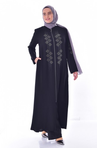 Large Size Stone Printed Zippered Abaya 3007-02 Black 3007-02