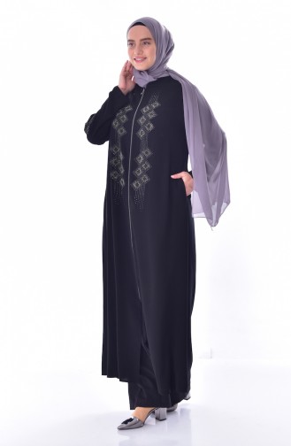 Abaya a Fermeture Imprimée de Pierre Grande Taille 3007-02 Noir 3007-02