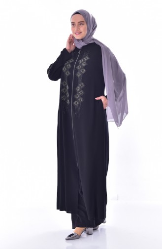 Large Size Stone Printed Zippered Abaya 3007-02 Black 3007-02