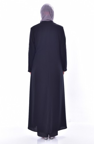 Large Size Stone Printed Zippered Abaya 3007-02 Black 3007-02