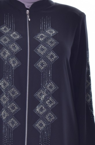 Large Size Stone Printed Zippered Abaya 3007-02 Black 3007-02