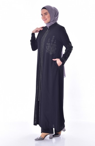 Abaya a Fermeture Imprimée de Pierre Grande Taille 3021-03 Noir 3021-03
