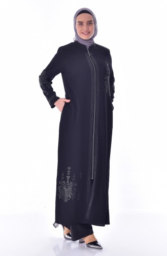 Abaya a Fermeture Imprimée de Pierre Grande Taille 3021-03 Noir 3021-03