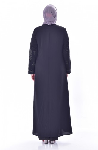 Abaya a Fermeture Imprimée de Pierre Grande Taille 3021-03 Noir 3021-03