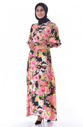 Flowered Dress 0004-02 Black Pistachio Green 0004-02