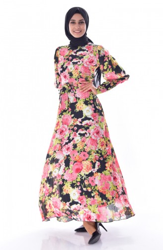 Flowered Dress 0004-02 Black Pistachio Green 0004-02