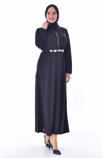 فستان مُزين بالورد بمقاسات كبيرة 0532-08 لون أسود 0532-08