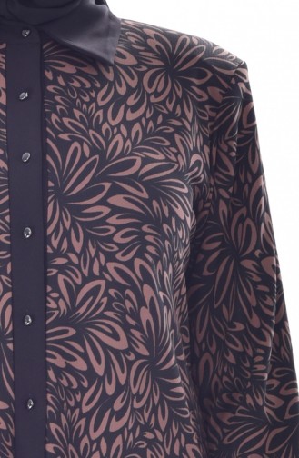 Büyük Beden Çiçek Desenli Bluz 3528-03 Vizon Siyah