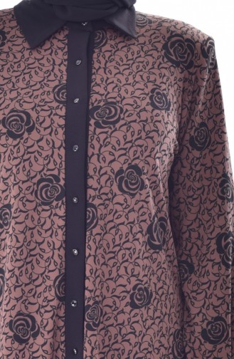 Büyük Beden Çiçek Desenli Bluz 3528A-03 Vizon Siyah